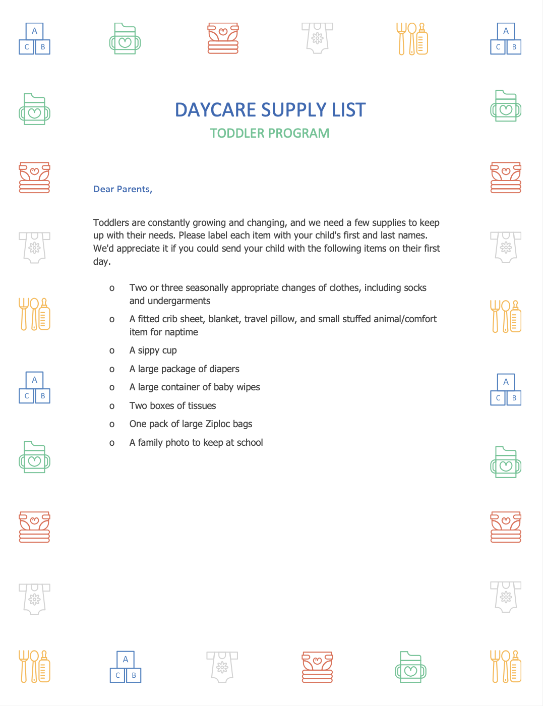 Free Daycare Supply List Templates, Samples & Guide